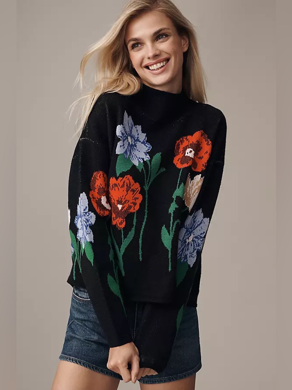 Anthropologie Maeve Carys Funnel Neck Floral Sweater Black - Picture 2 of 8